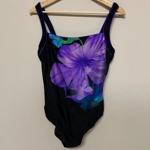 Speedo Black One-Piece Swimsuit with Purple Floral Print